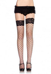Leg Avenue Black Lace Top Fishnet Thigh High Stockings One Size Black Hosiery